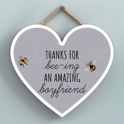 P3114-1 - Thanks For Bee-Ing An Amazing Boyfriend Bee Themed Heart Shaped Wooden Hanging Plaque