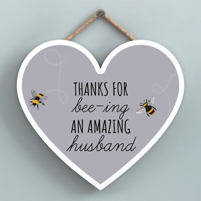 P3114-11 - Thanks For Bee-Ing An Amazing Husband Plaque à suspendre en bois en forme de cœur sur le thème de l'abeille