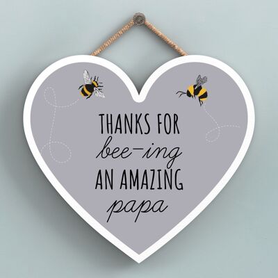 P3114-12 - Gracias por Bee-Ing An Amazing Papa Bee Placa colgante de madera con forma de corazón