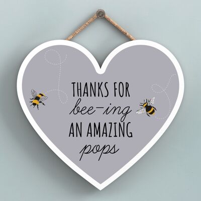 P3114-14 - Gracias por Bee-Ing An Amazing Pops Bee Placa colgante de madera con forma de corazón