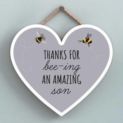 P3114-2 - Thanks For Bee-Ing An Amazing Son Bee Themed Heart Shaped Wooden Hanging Plaque