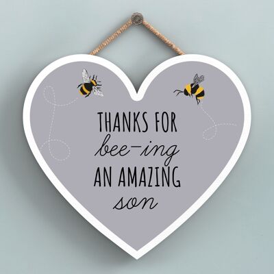 P3114-2 - Thanks For Bee-Ing An Amazing Son Bee Themed Heart Shaped Wooden Hanging Plaque
