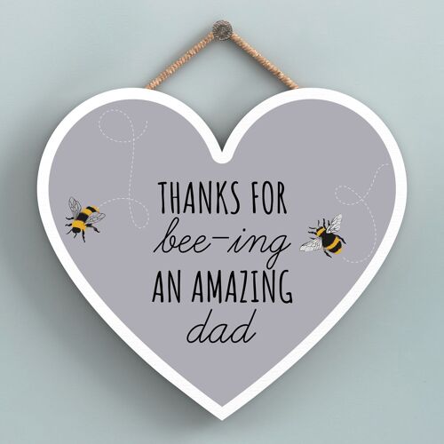 P3114-4 - Thanks For Bee-Ing An Amazing Dad Bee Themed Heart Shaped Wooden Hanging Plaque