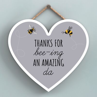 P3114-5 - Merci pour Bee-Ing une incroyable plaque à suspendre en bois en forme de cœur sur le thème de Da Bee