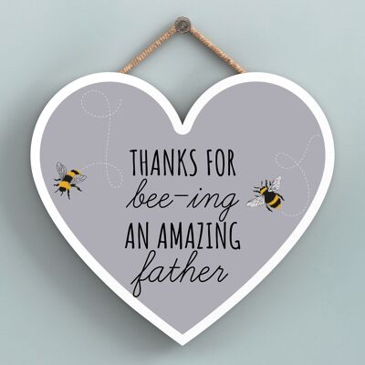 P3114-7 - Thanks For Bee-Ing An Amazing Father Bee Themed Heart Shaped Wooden Hanging Plaque