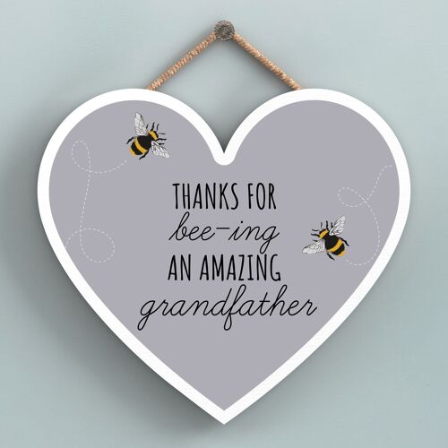 P3114-9 - Thanks For Bee-Ing An Amazing Grandfather Bee Themed Heart Shaped Wooden Hanging Plaque
