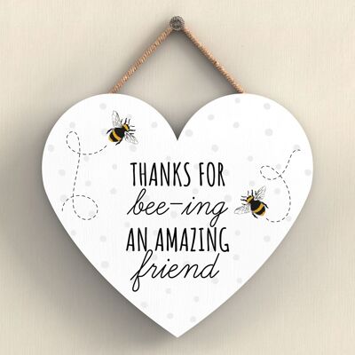 P3115-1 - Thanks For Bee-Ing Amazing Friend Bee Themed Heart Shaped Wooden Hanging Plaque