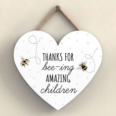 P3115-15 - Thanks For Bee-Ing Amazing Children Plaque à suspendre en forme de cœur sur le thème des abeilles