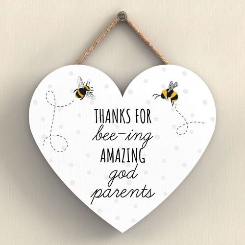 P3115-18 - Thanks For Bee-Ing Amazing God Parents Bee Themed Heart Shaped Hanging Plaque