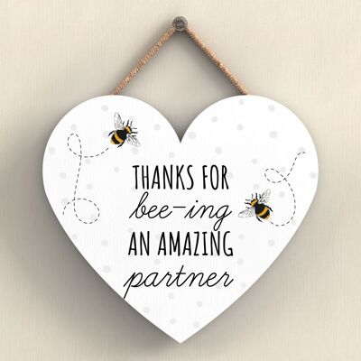 P3115-4 - Thanks For Bee-Ing Amazing Partner Bee Themed Heart Shaped Hanging Plaque