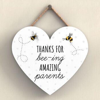 P3115-6 - Thanks For Bee-Ing Amazing Parents Plaque à suspendre en forme de cœur sur le thème des abeilles