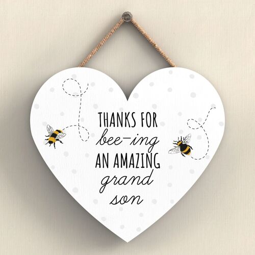 P3115-8 - Thanks For Bee-Ing Amazing Grandson Bee Themed Heart Shaped Hanging Plaque