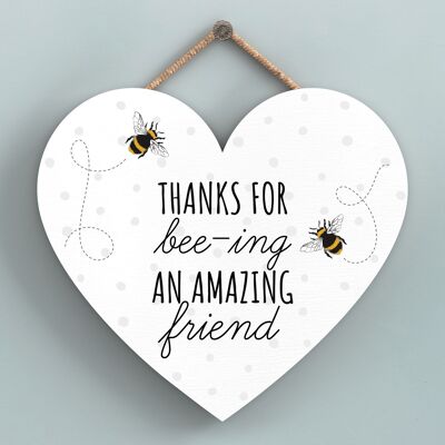 P3116-1 - Thanks For Bee-Ing Amazing Friend Bee Themed Heart Shaped Wooden Hanging Plaque