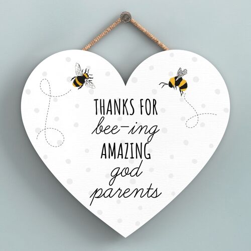 P3116-18 - Thanks For Bee-Ing Amazing God Parents Bee Themed Heart Shaped Hanging Plaque