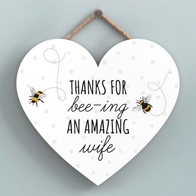 P3116-2 - Thanks For Bee-Ing Amazing Wife Bee Themed Heart Shaped Wooden Hanging Plaque