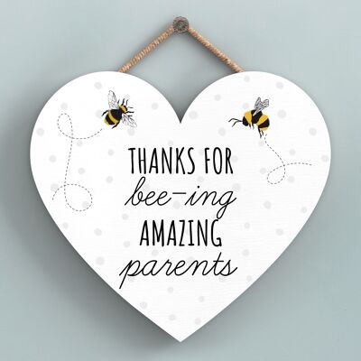P3116-6 - Thanks For Bee-Ing Amazing Parents Bee Themed Heart Shaped Hanging Plaque
