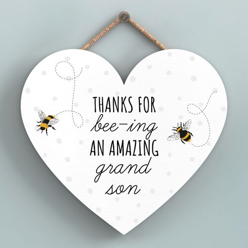 P3116-8 - Thanks For Bee-Ing Amazing Grandson Bee Themed Heart Shaped Hanging Plaque