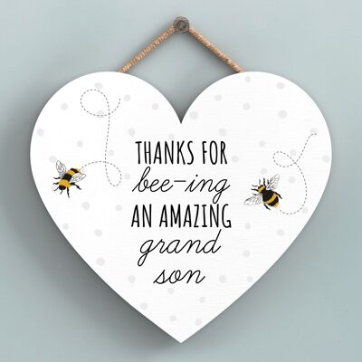P3116-8 - Thanks For Bee-Ing Amazing Grandson Bee Themed Heart Shaped Hanging Plaque