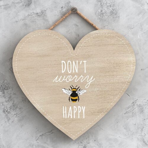 P3120 - Don'T Worry Be Happy Bee Themed Decorative Wooden Heart Shaped Hanging Plaque