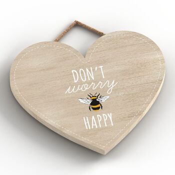 P3120 - Don't Worry Be Happy Bee Plaque décorative à suspendre en forme de cœur en bois 2