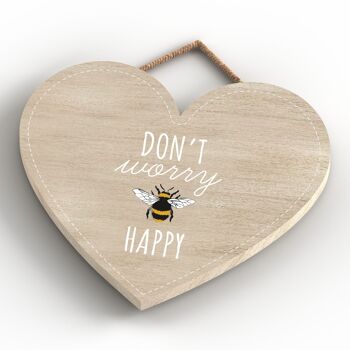 P3120 - Don't Worry Be Happy Bee Plaque décorative à suspendre en forme de cœur en bois 3