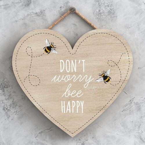 P3121 - Don'T Worry Bee Happy Bee Themed Decorative Wooden Heart Shaped Hanging Plaque