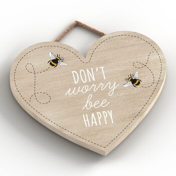 P3121 - Don't Worry Bee Happy Bee Plaque décorative à suspendre en forme de cœur en bois 2
