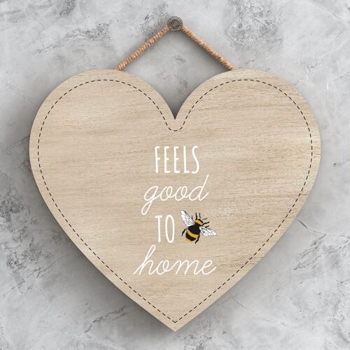 P3122 - Feels Good To Be Home Bee Themed Decorative Wooden Heart Shaped Hanging Plaque