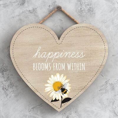 P3123 - Happiness Blooms Bee Themed Decorative Wooden Heart Shaped Hanging Plaque