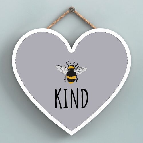 P3130 - Be Kind Grey Bee Themed Decorative Wooden Heart Shaped Hanging Plaque