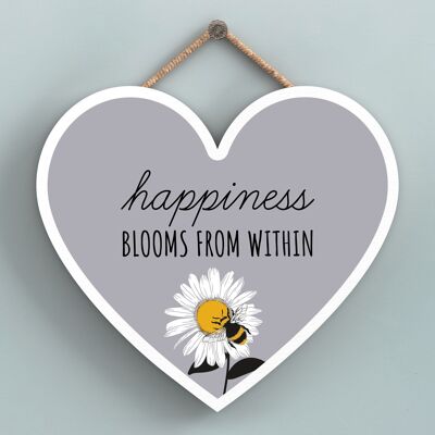 P3131 - Happiness Blooms Grey Bee Themed Decorative Wooden Heart Shaped Hanging Plaque