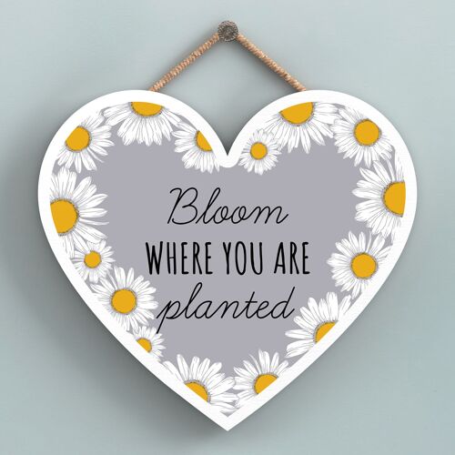 P3132 - Bloom Where You Are Grey Bee Themed Decorative Wooden Heart Shaped Hanging Plaque
