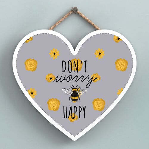 P3133 - Don'T Worry Be Happy Grey Bee Themed Decorative Wooden Heart Shaped Hanging Plaque