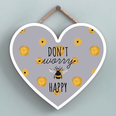 P3133 - Don't Worry Be Happy Targa da appendere a forma di cuore in legno decorativo a tema ape grigia