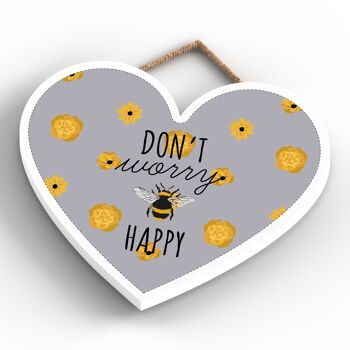 P3133 - Don't Worry Be Happy Plaque décorative à suspendre en forme de cœur en bois sur le thème de l'abeille grise 3