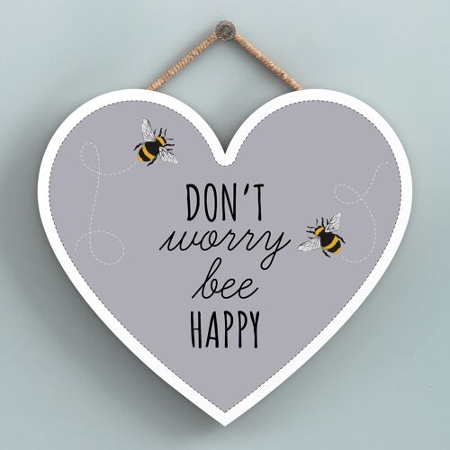 P3134 - Don'T Worry Bee Happy Grey Bee Themed Decorative Wooden Heart Shaped Hanging Plaque