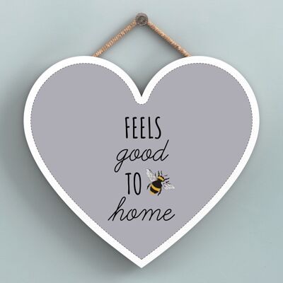 P3135 - Feels Good To Be Home Grey Bee Themed Decorative Wooden Heart Shaped Hanging Plaque