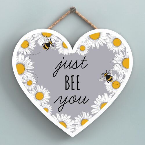 P3136 - Just Bee You Grey Bee Themed Decorative Wooden Heart Shaped Hanging Plaque