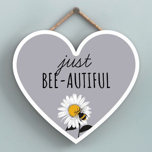 P3137 - Just Bee-Autiful Grey Bee Themed Decorative Wooden Heart Shaped Hanging Plaque