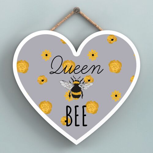 P3138 - Queen Bee Grey Bee Themed Decorative Wooden Heart Shaped Hanging Plaque