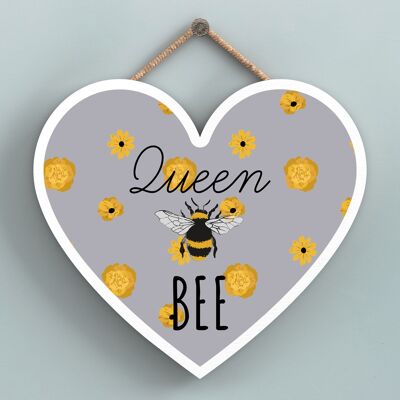 P3138 - Plaque décorative à suspendre en forme de cœur en bois sur le thème des abeilles grises Queen Bee