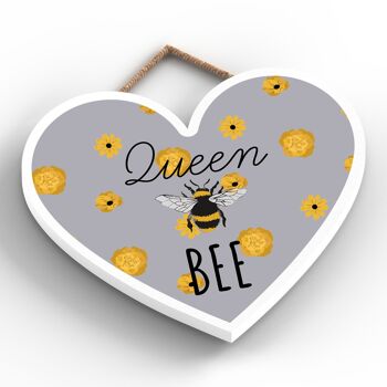 P3138 - Plaque décorative à suspendre en forme de cœur en bois sur le thème des abeilles grises Queen Bee 2