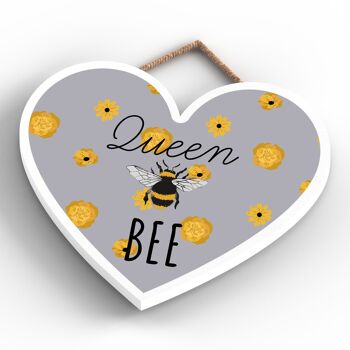 P3138 - Plaque décorative à suspendre en forme de cœur en bois sur le thème des abeilles grises Queen Bee 4