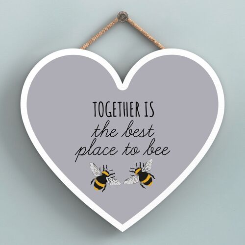 P3139 - Together Is The Best Grey Bee Themed Decorative Wooden Heart Shaped Hanging Plaque