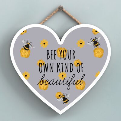 P3140 - Bee Your Own Kind Grey Bee Themed Decorative Wooden Heart Shaped Hanging Plaque