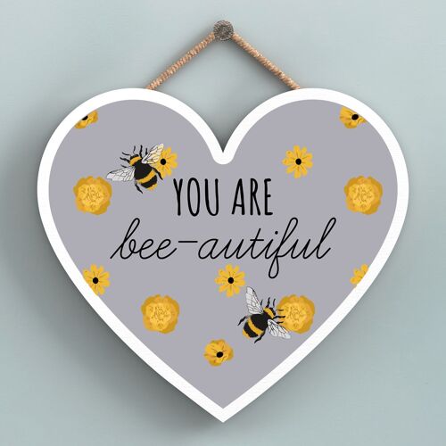 P3141 - You Are Bee-Autiful Grey Bee Themed Decorative Wooden Heart Shaped Hanging Plaque