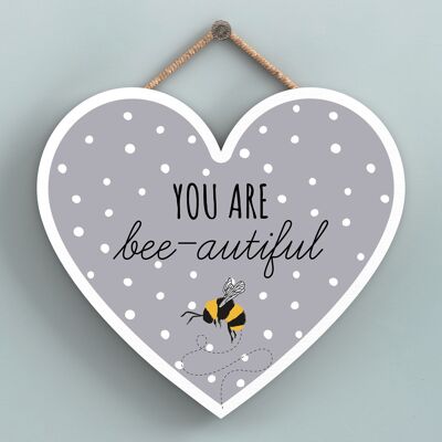 P3142 - You Are Bee-Autiful Targa da appendere a forma di cuore in legno decorativo a tema ape grigia