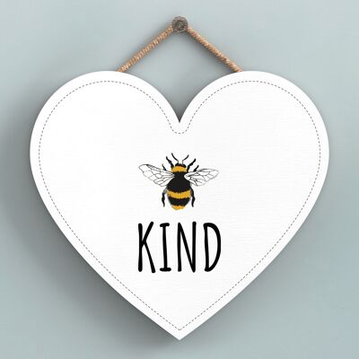 P3144 – Be Kind, weißes Bienenmotiv, dekoratives Holzschild in Herzform zum Aufhängen