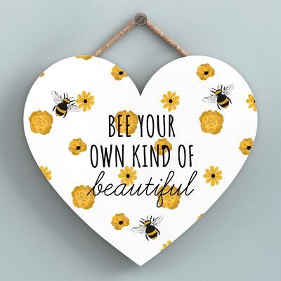 P3145 - Placa colgante en forma de corazón de madera decorativa con tema de abeja blanca Bee Your Own Kind