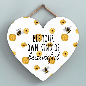 P3145 - Bee Your Own Kind Plaque à suspendre décorative en bois en forme de cœur sur le thème de l'abeille blanche 1